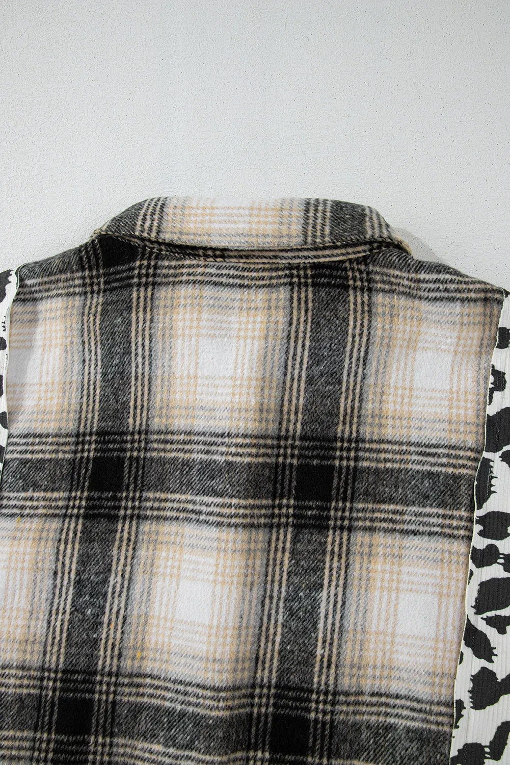 Black Plus Size Plaid Leopard Printed Patchwork Button Up Shacket