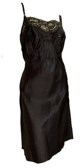 Black Satin Embroidered Full Slip circa 1940s 40