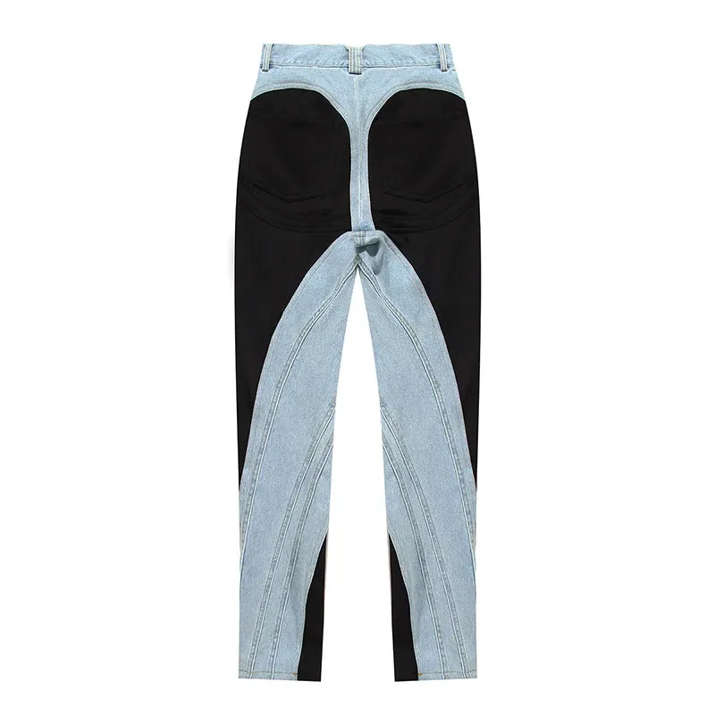 Blue Colorblock Patchwork Elegant Pant For Women High Waist Casual Slim Fashion Temperament Pants Female Autumn Style