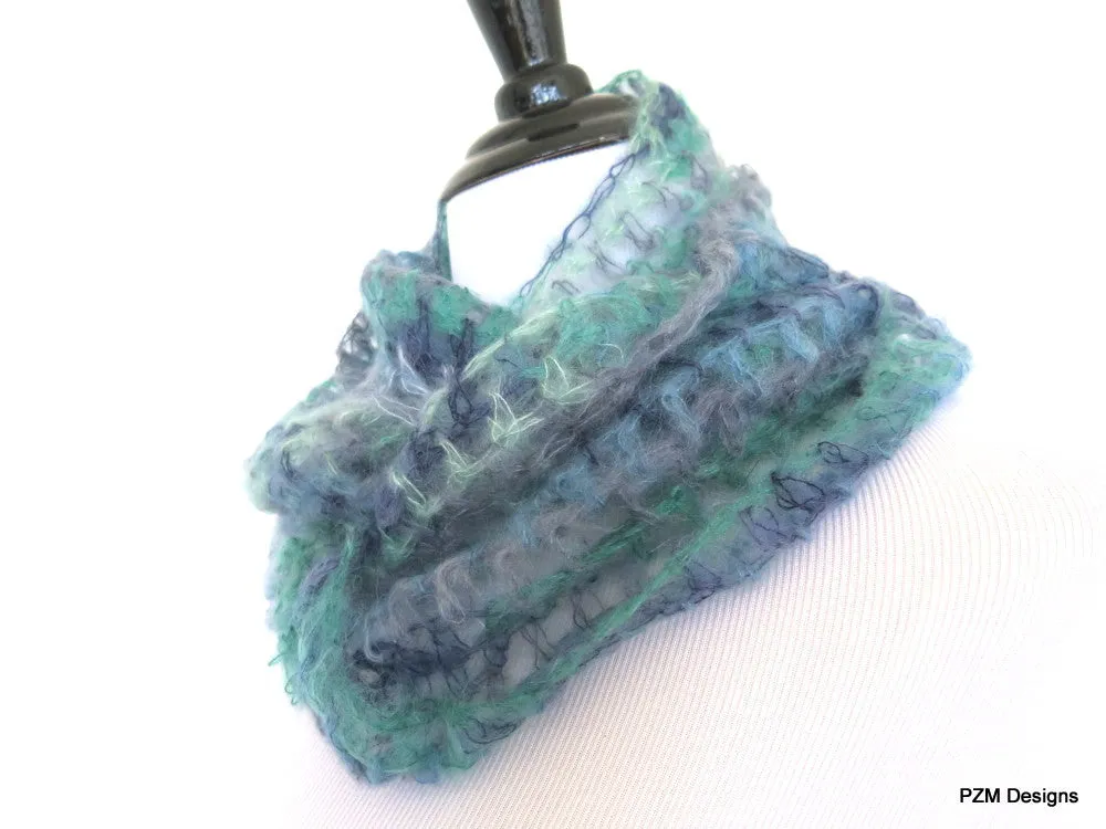 Blue Multi Color Silk Mohair Loop Scarf, Luxury Gift for Her