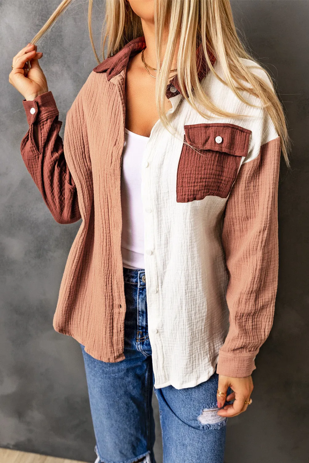 Brown Color Block Pockets Textured Long Sleeve Shacket