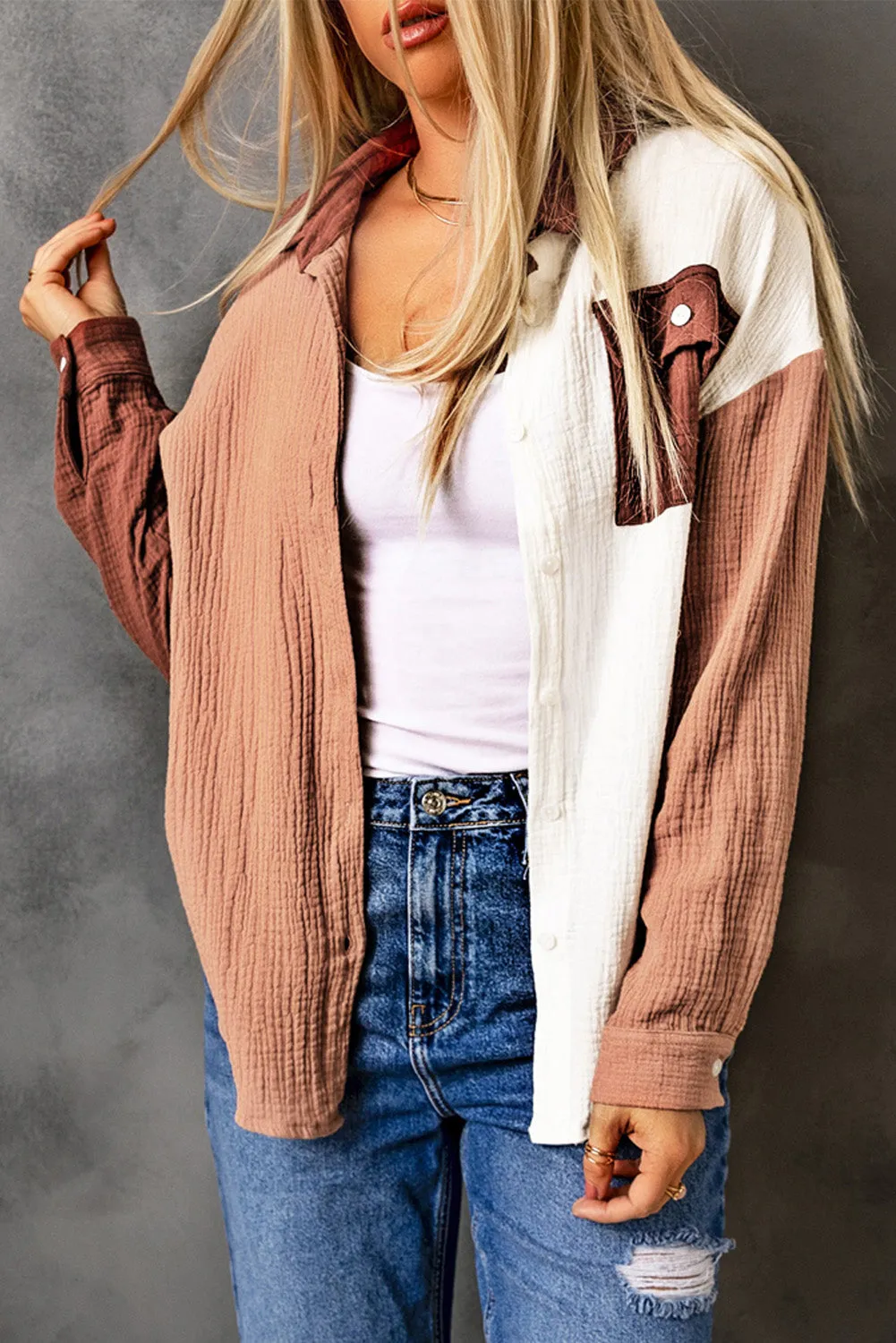 Brown Color Block Pockets Textured Long Sleeve Shacket