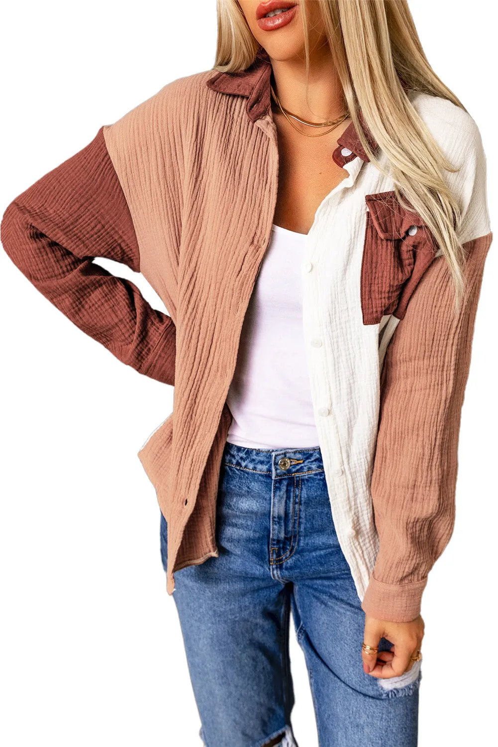 Brown Color Block Pockets Textured Long Sleeve Shacket