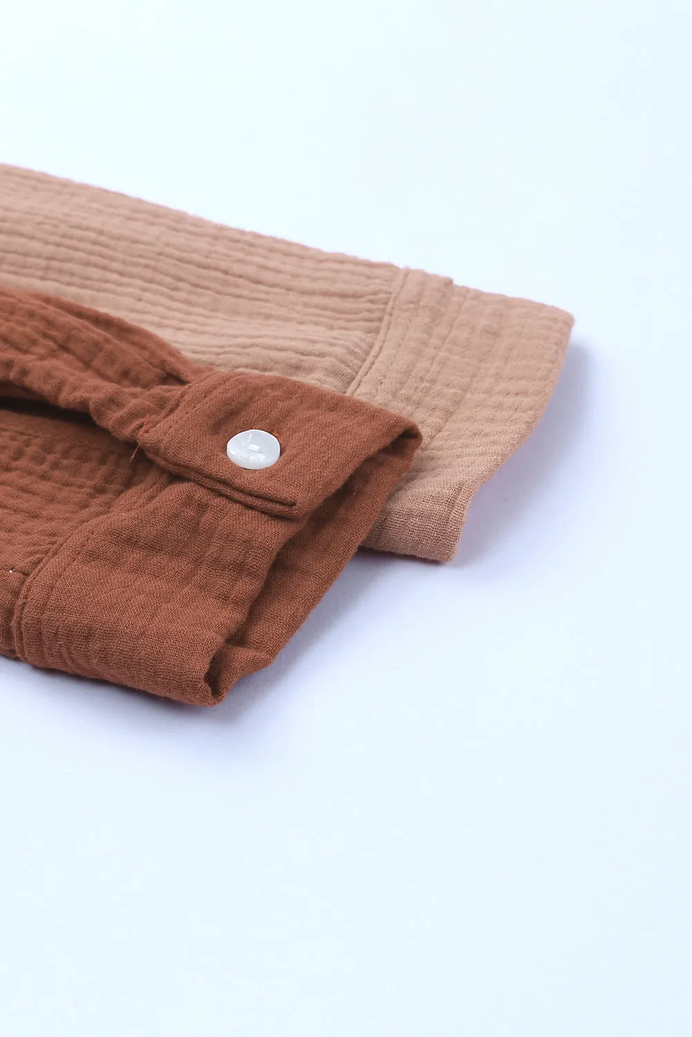 Brown Color Block Pockets Textured Long Sleeve Shacket