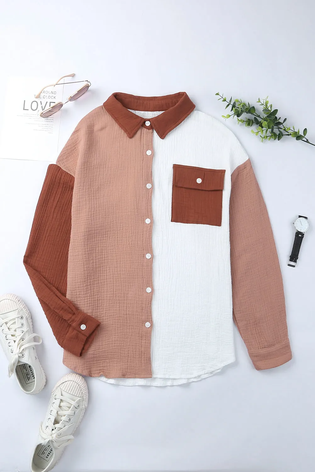 Brown Color Block Pockets Textured Long Sleeve Shacket