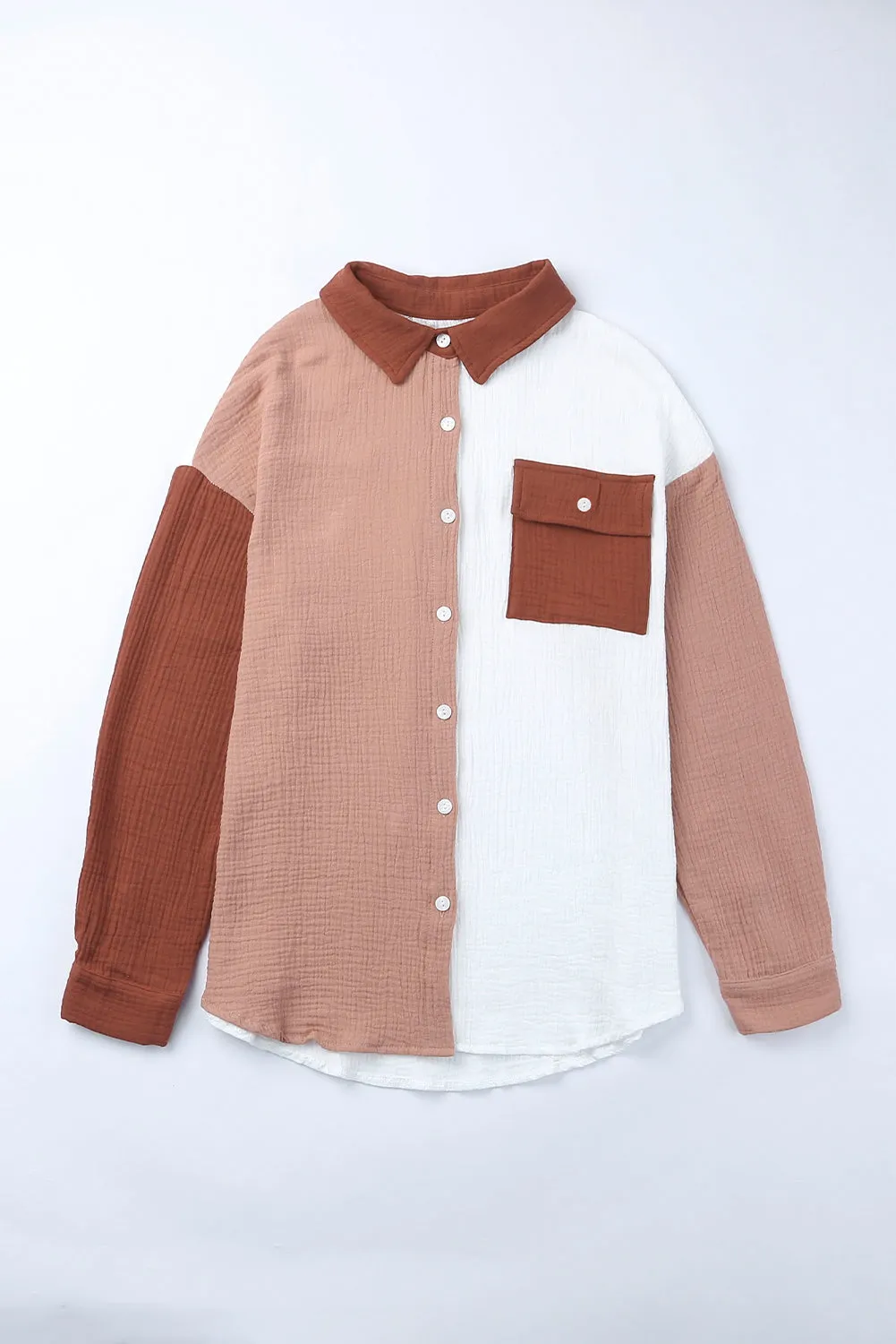 Brown Color Block Pockets Textured Long Sleeve Shacket