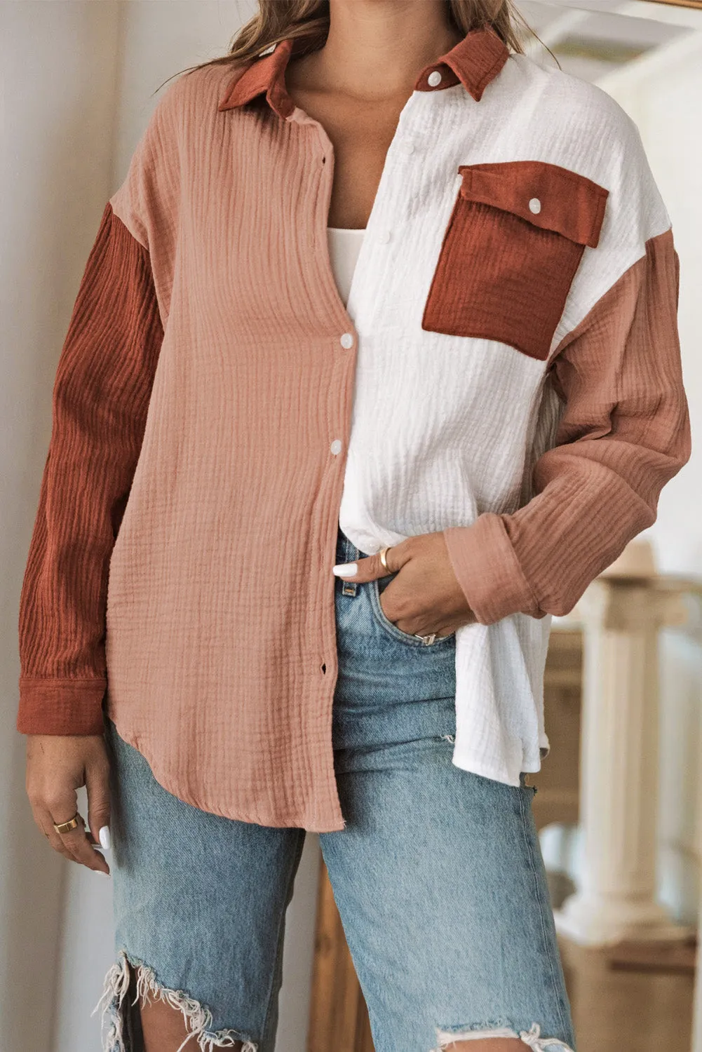 Brown Color Block Pockets Textured Long Sleeve Shacket