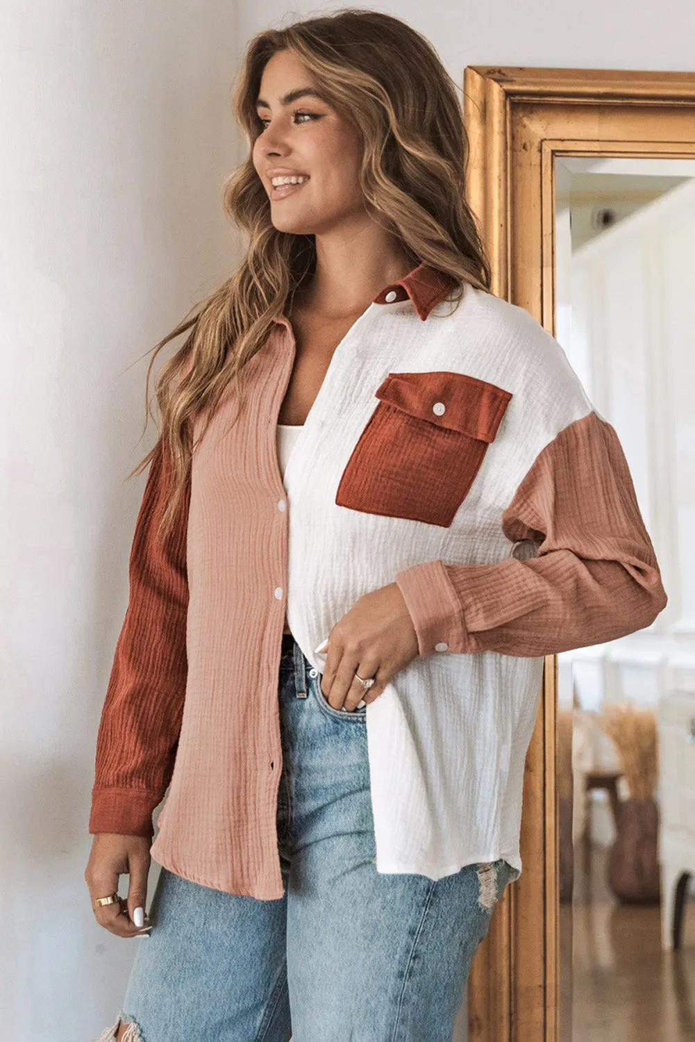 Brown Color Block Pockets Textured Long Sleeve Shacket