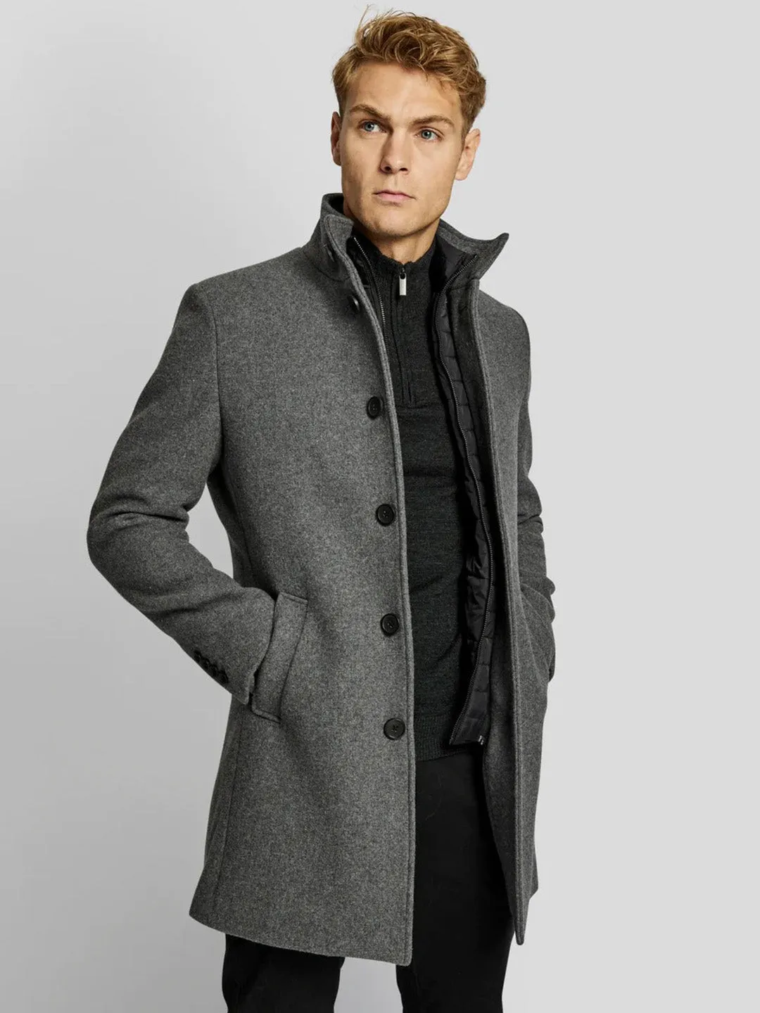 Bruun & Stengade Men Grey Solid Stand Collar Long Sleeves Overcoat