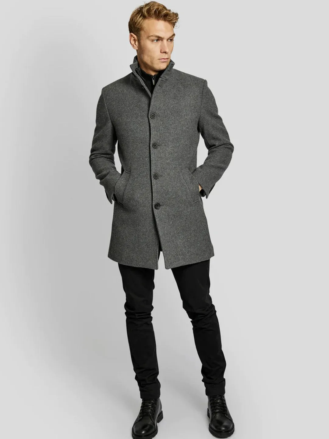 Bruun & Stengade Men Grey Solid Stand Collar Long Sleeves Overcoat