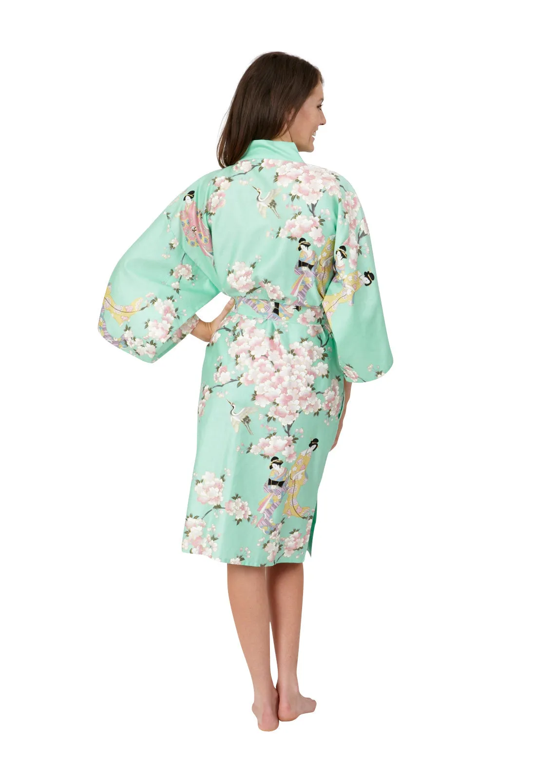 Cherry Blossom & Beauty Short Cotton Kimono Mint - New Larger Size