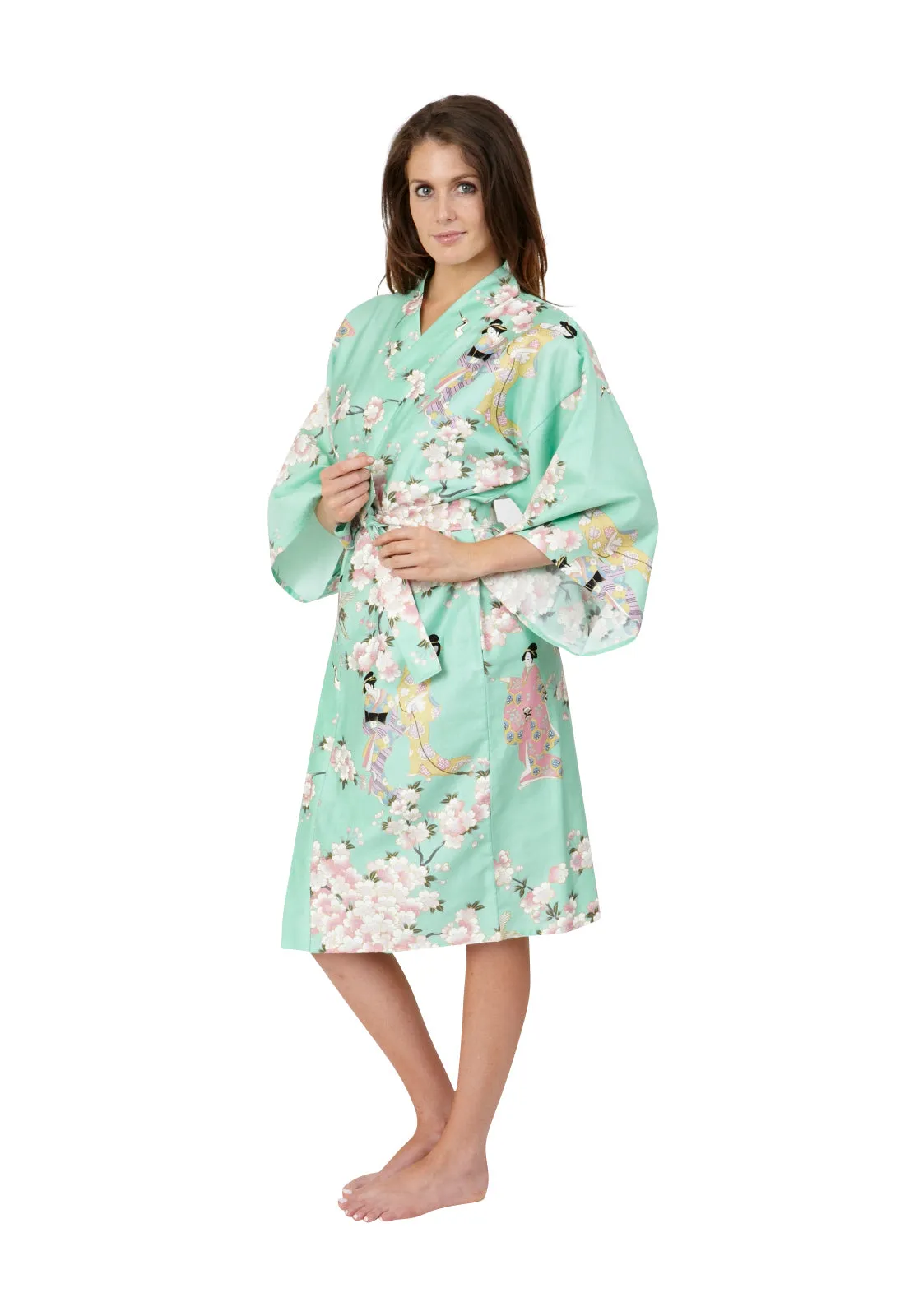 Cherry Blossom & Beauty Short Cotton Kimono Mint - New Larger Size