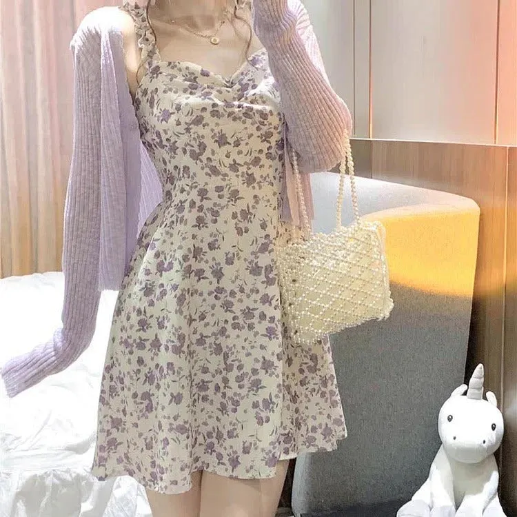 Chic V-Neck Cardigan Floral Print Slip Dress Two Piece Set