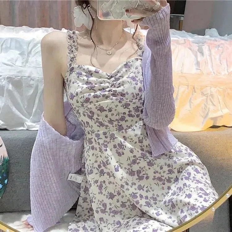 Chic V-Neck Cardigan Floral Print Slip Dress Two Piece Set