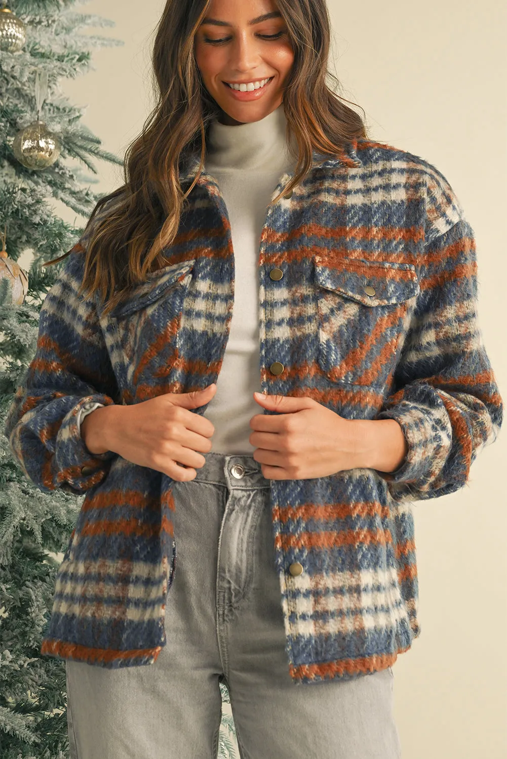 Cinnamon Plaid Print Chest Pockets Turn Down Collar Shacket