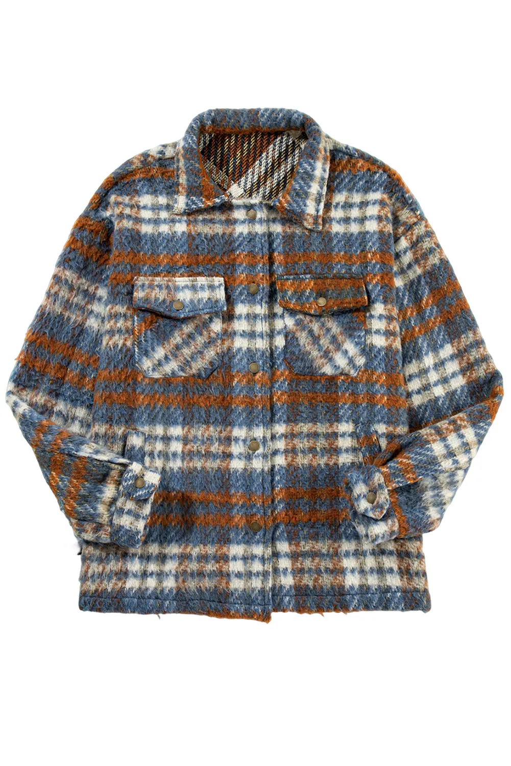 Cinnamon Plaid Print Chest Pockets Turn Down Collar Shacket