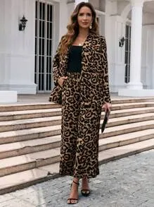 Clasi Women's Leopard Print Coat & Wide Leg Trousers Sets