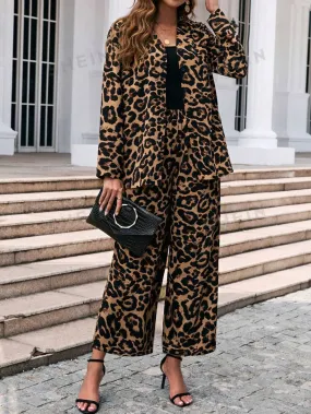 Clasi Women's Leopard Print Coat & Wide Leg Trousers Sets