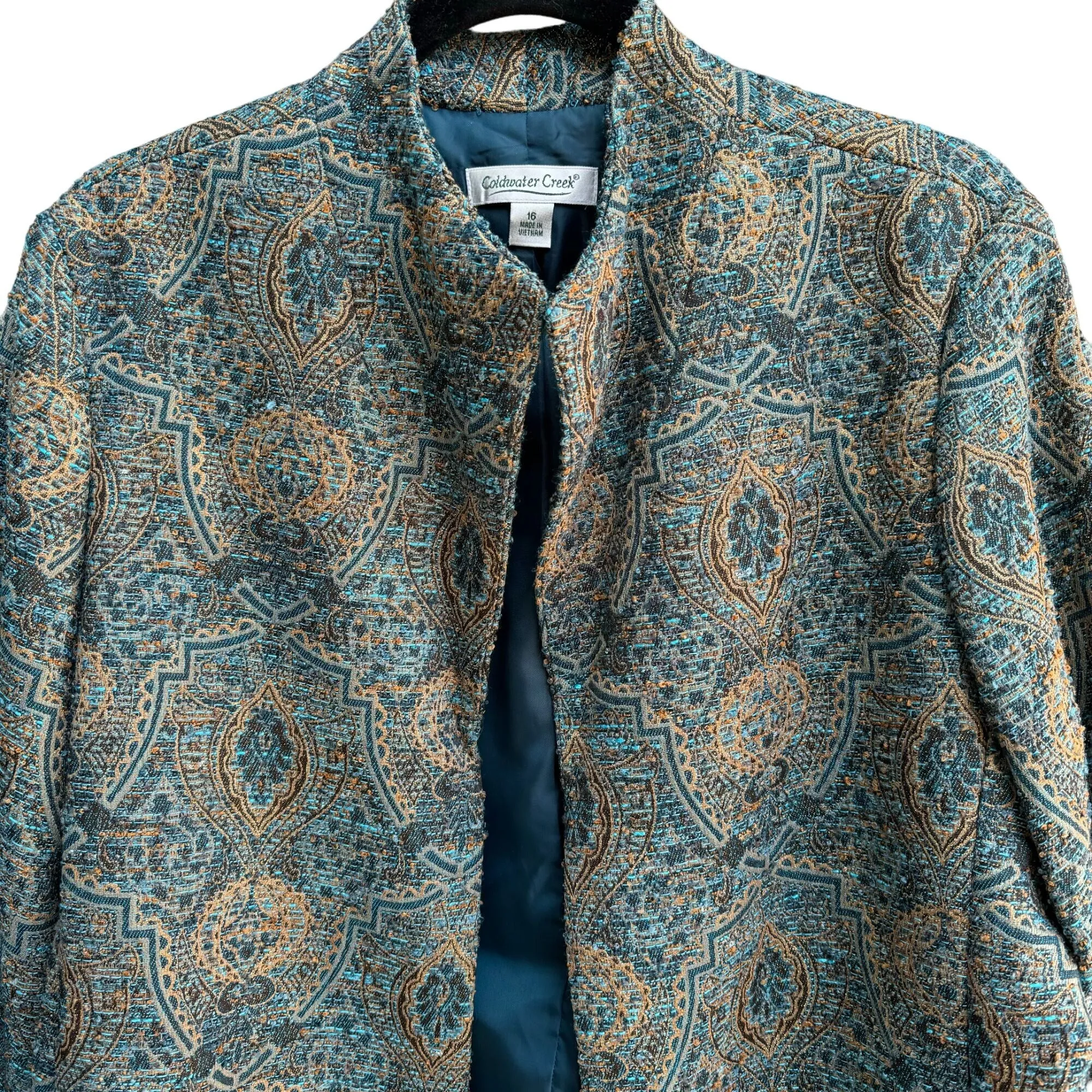 Coldwater Creek Womens Blue Green Paisley Patterned Cuff Sleeve Jacket Blazer 16