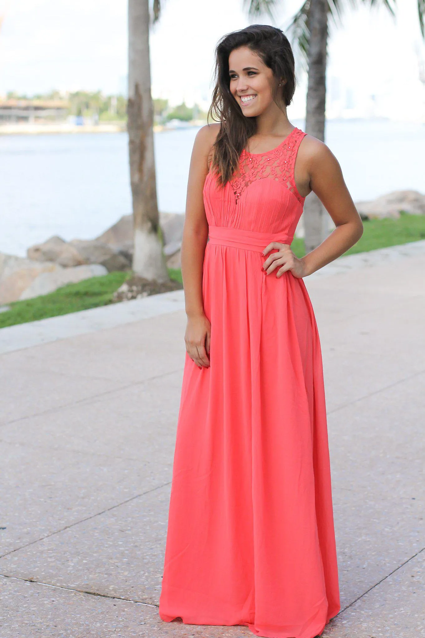 Coral Maxi Dress with Pleated Lace Top