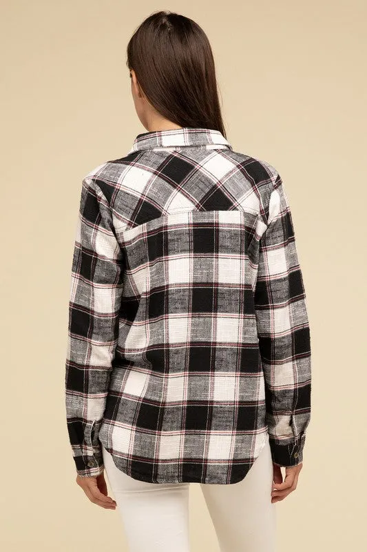 Cotton Plaid Shacket With Front Pocket