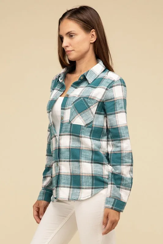 Cotton Plaid Shacket With Front Pocket