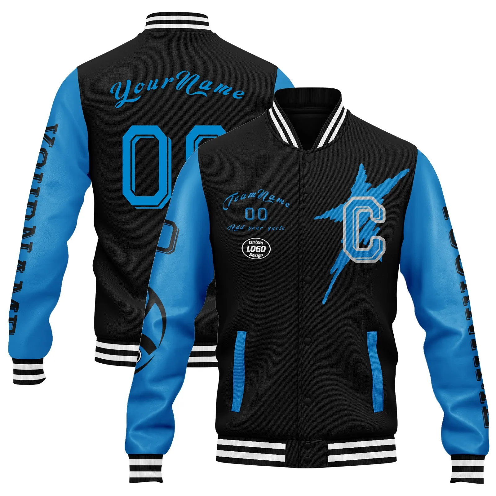 Custom Black Blue Carolina Jacket Bomber Full-Snap Varsity Letterman Personalized Jacket FZ005SX-D020290-5