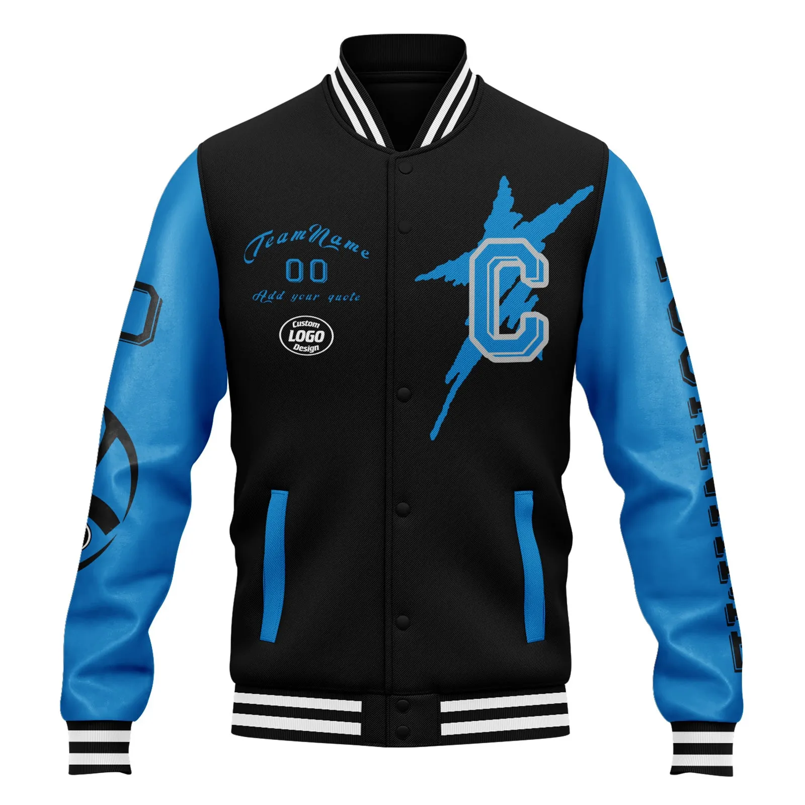 Custom Black Blue Carolina Jacket Bomber Full-Snap Varsity Letterman Personalized Jacket FZ005SX-D020290-5