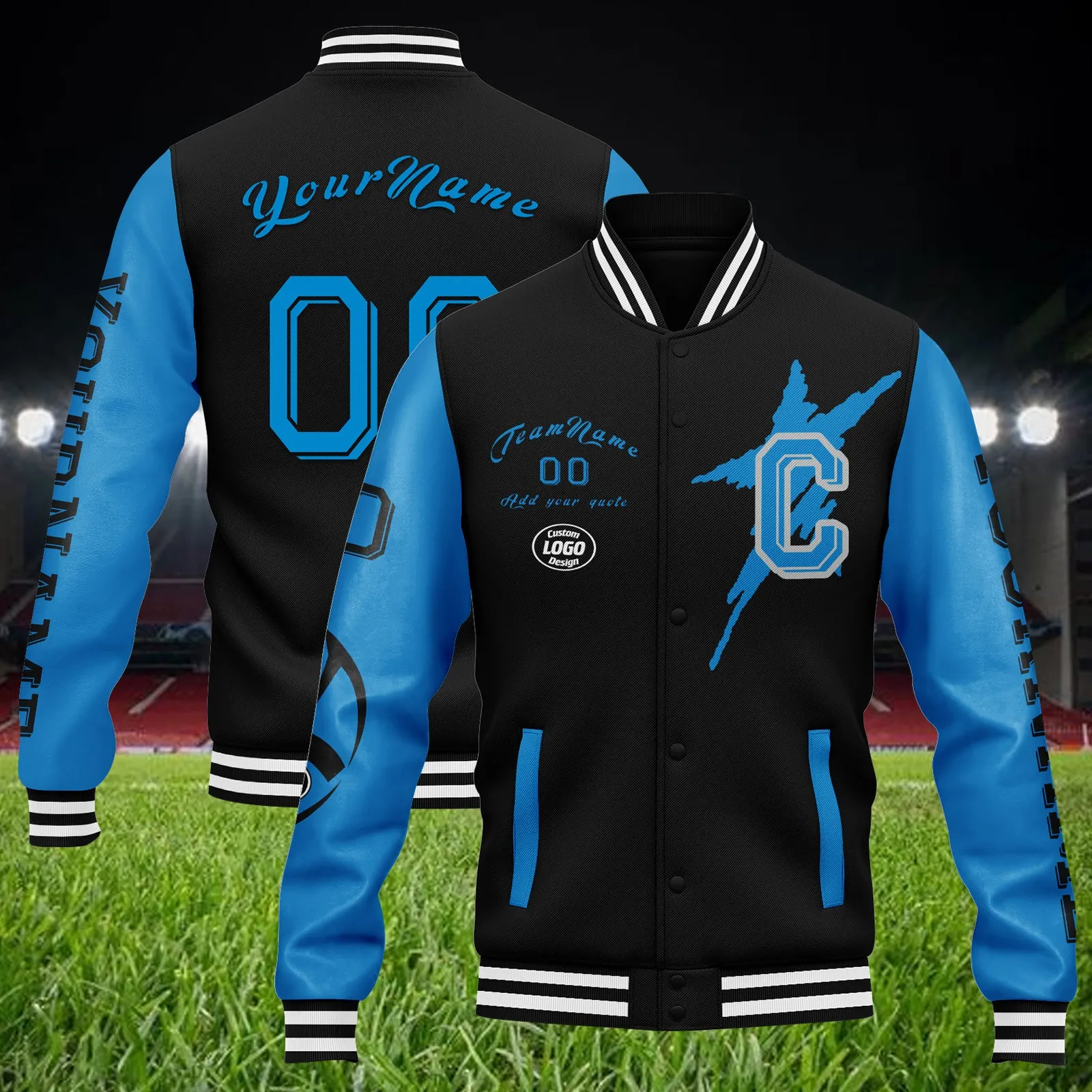 Custom Black Blue Carolina Jacket Bomber Full-Snap Varsity Letterman Personalized Jacket FZ005SX-D020290-5