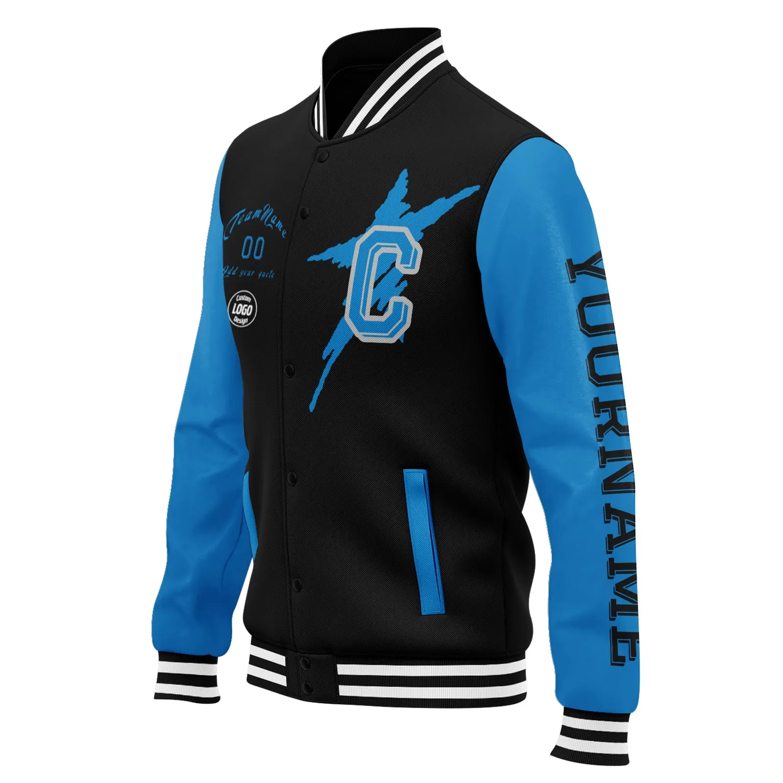 Custom Black Blue Carolina Jacket Bomber Full-Snap Varsity Letterman Personalized Jacket FZ005SX-D020290-5