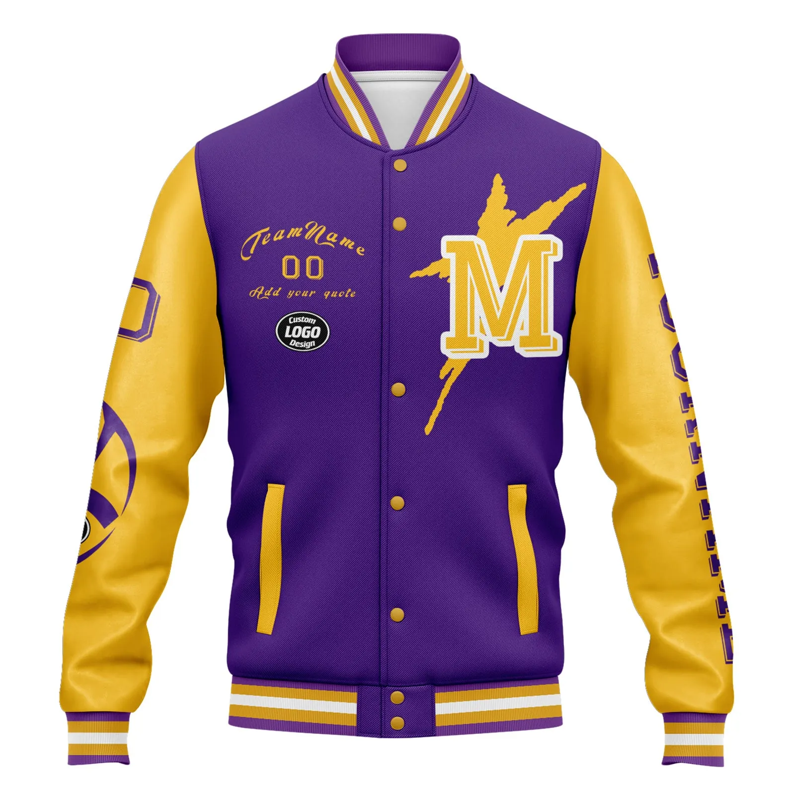 Custom Purple Yellow Minnesota Jacket Bomber Full-Snap Varsity Letterman Personalized Jacket FZ005SX-D020290-17