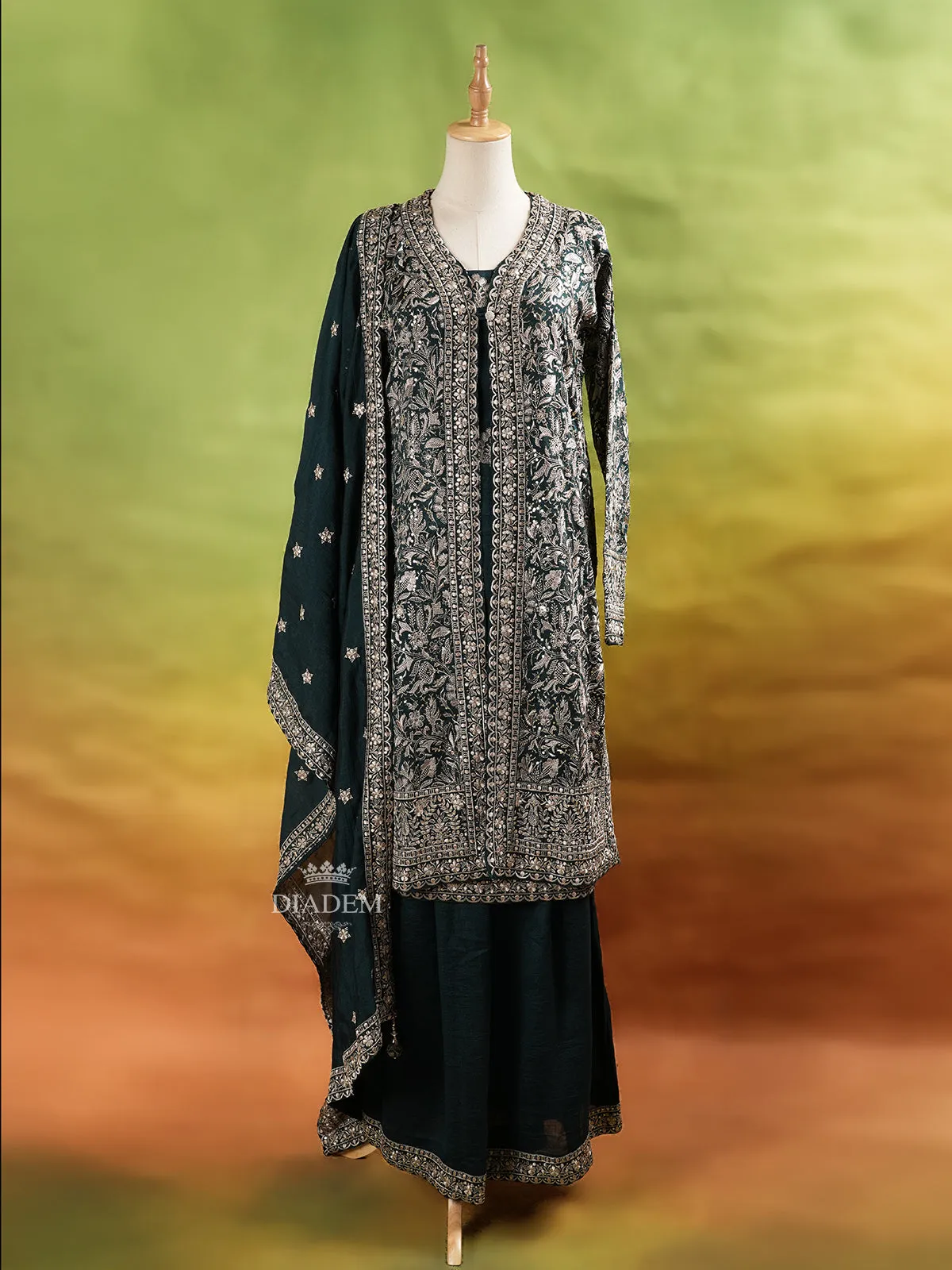 Dark Green Palazzo Suit Adorned with Floral Embroidery, With Dupatta and Full Sleeve