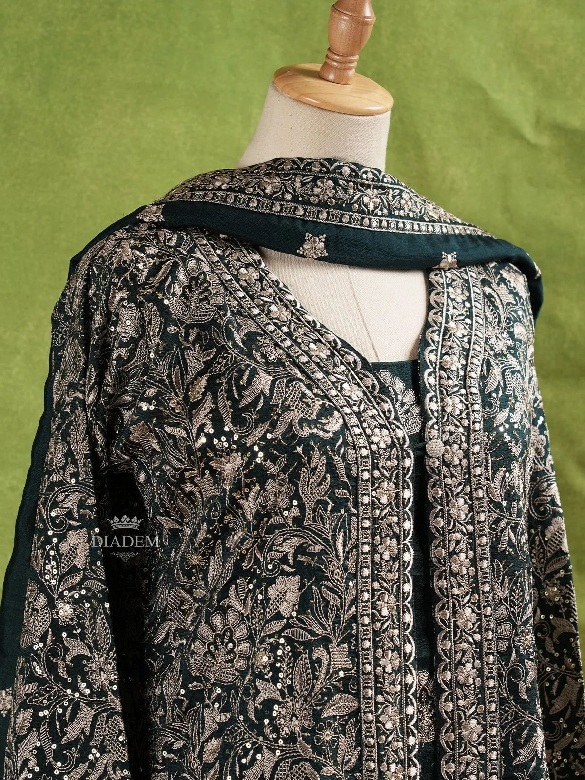 Dark Green Palazzo Suit Adorned with Floral Embroidery, With Dupatta and Full Sleeve