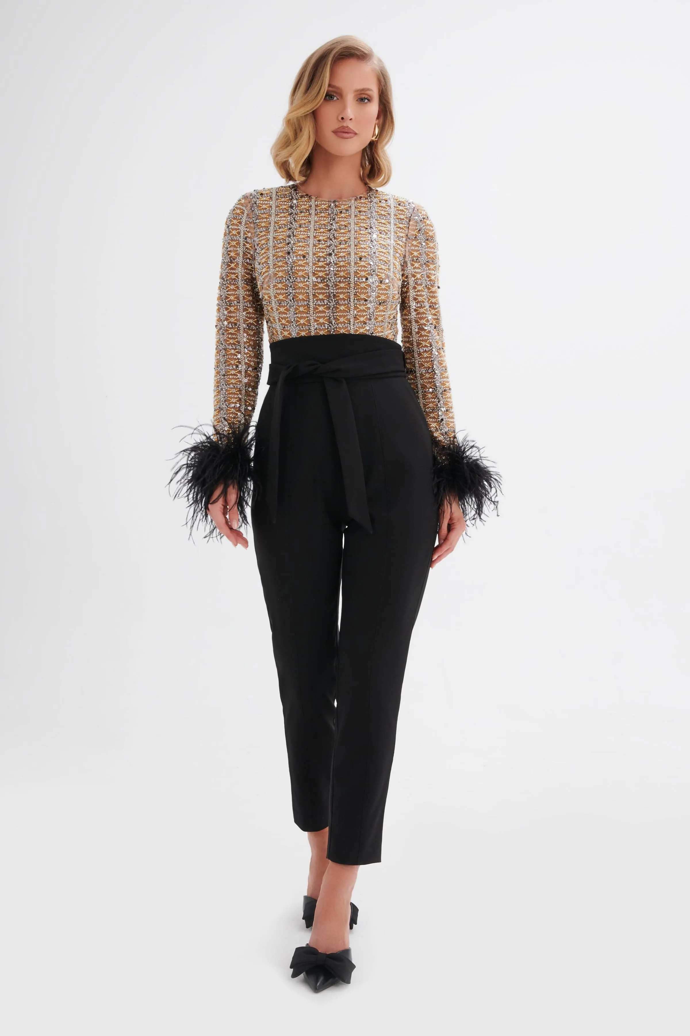 DELIA Embellished Feather Cuff Jumpsuit In Black