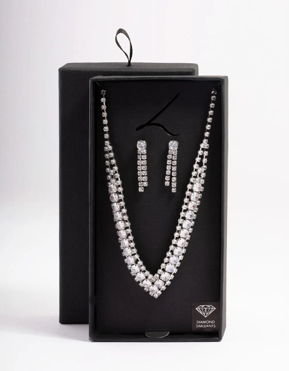 Diamond Simulant Rhodium Drop Earring & Necklace Set