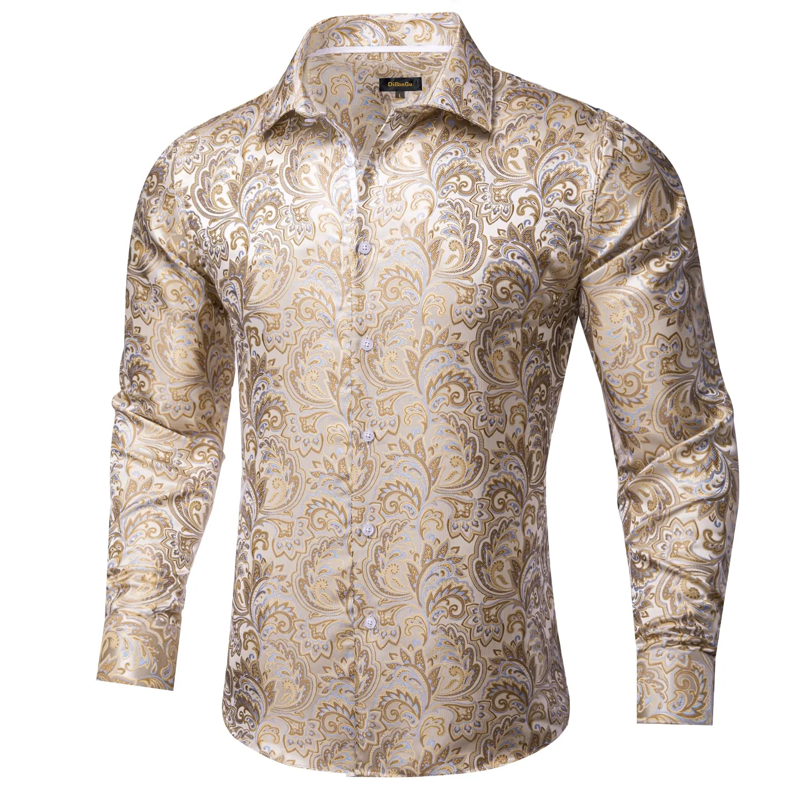 DiBanGu Dress Shirt Bone White Floral Button Down Long Sleeve Shirt for Men