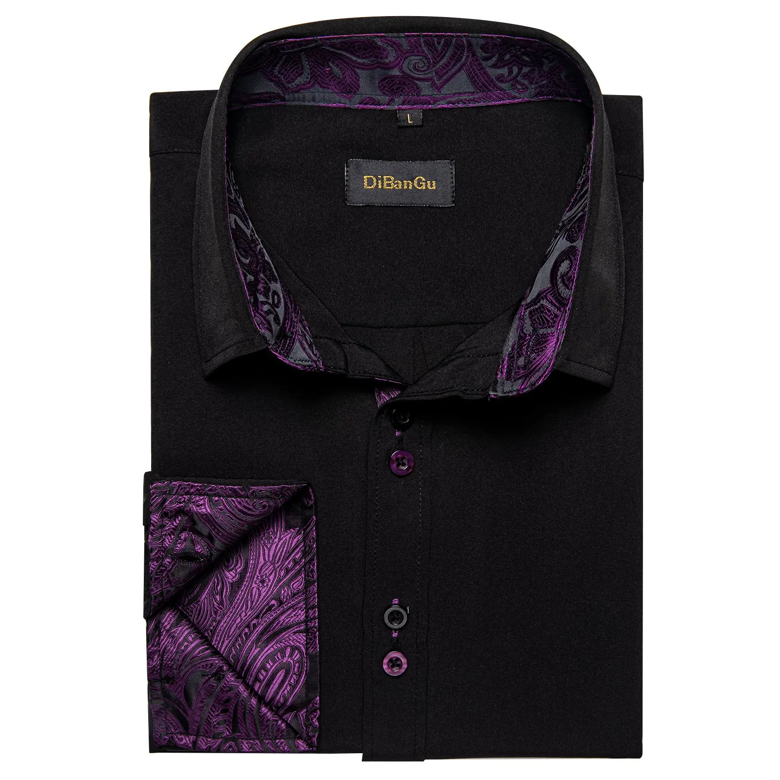 DiBanGu Silk Button Down Shirt Black Purple Paisley Splicing Long Sleeve Shirt For Men