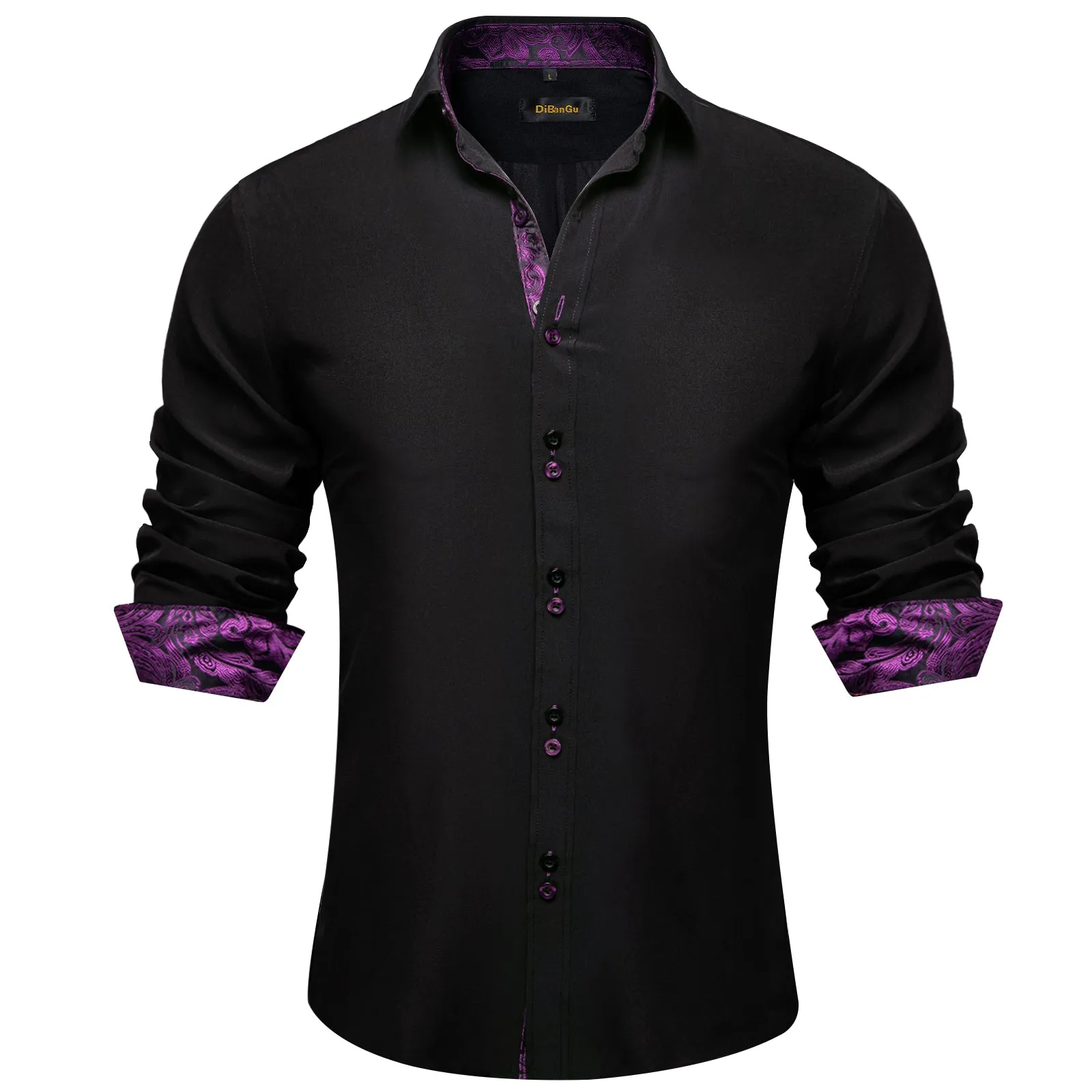 DiBanGu Silk Button Down Shirt Black Purple Paisley Splicing Long Sleeve Shirt For Men