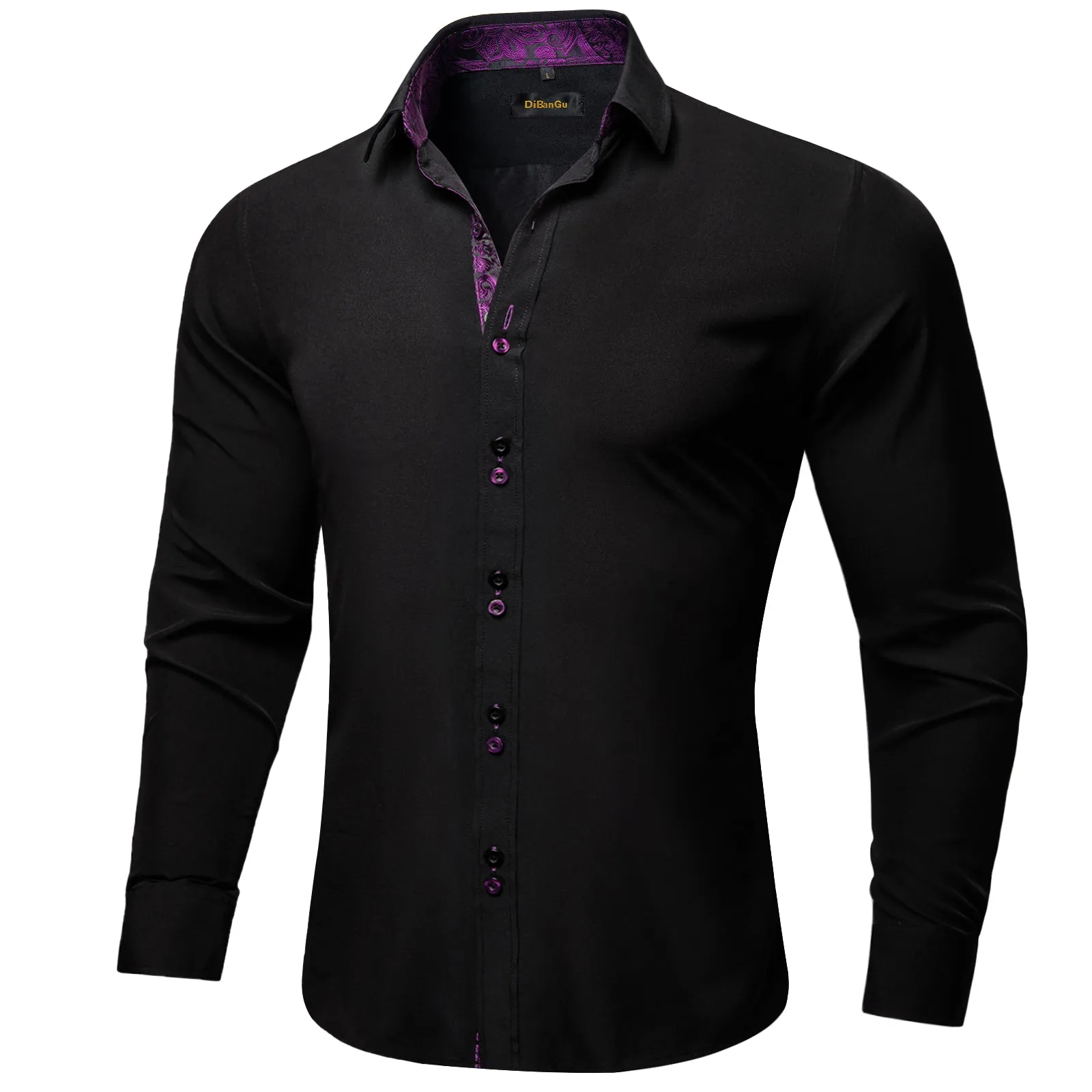 DiBanGu Silk Button Down Shirt Black Purple Paisley Splicing Long Sleeve Shirt For Men