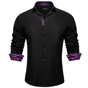 DiBanGu Silk Button Down Shirt Black Purple Paisley Splicing Long Sleeve Shirt For Men