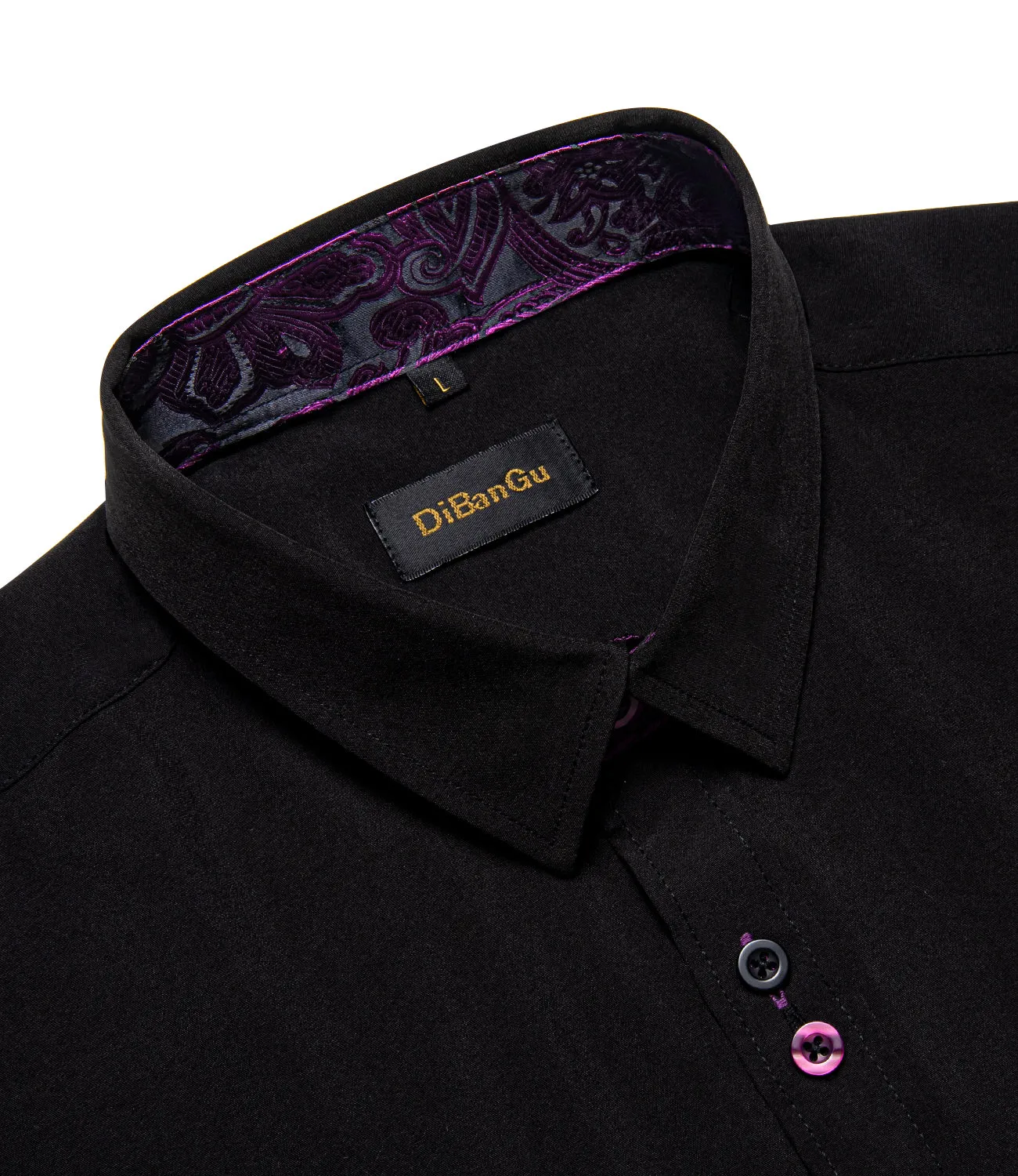 DiBanGu Silk Button Down Shirt Black Purple Paisley Splicing Long Sleeve Shirt For Men