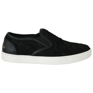 Dolce & Gabbana Black Lace Leather Logo Flat Slip-On Sneakers