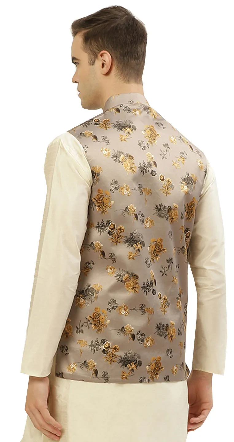 Elegant Floral Nayroo Jacket for Men with Mandarin Collar (Brown-Gold)