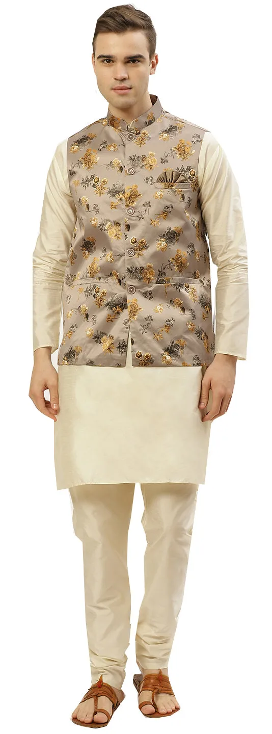 Elegant Floral Nayroo Jacket for Men with Mandarin Collar (Brown-Gold)