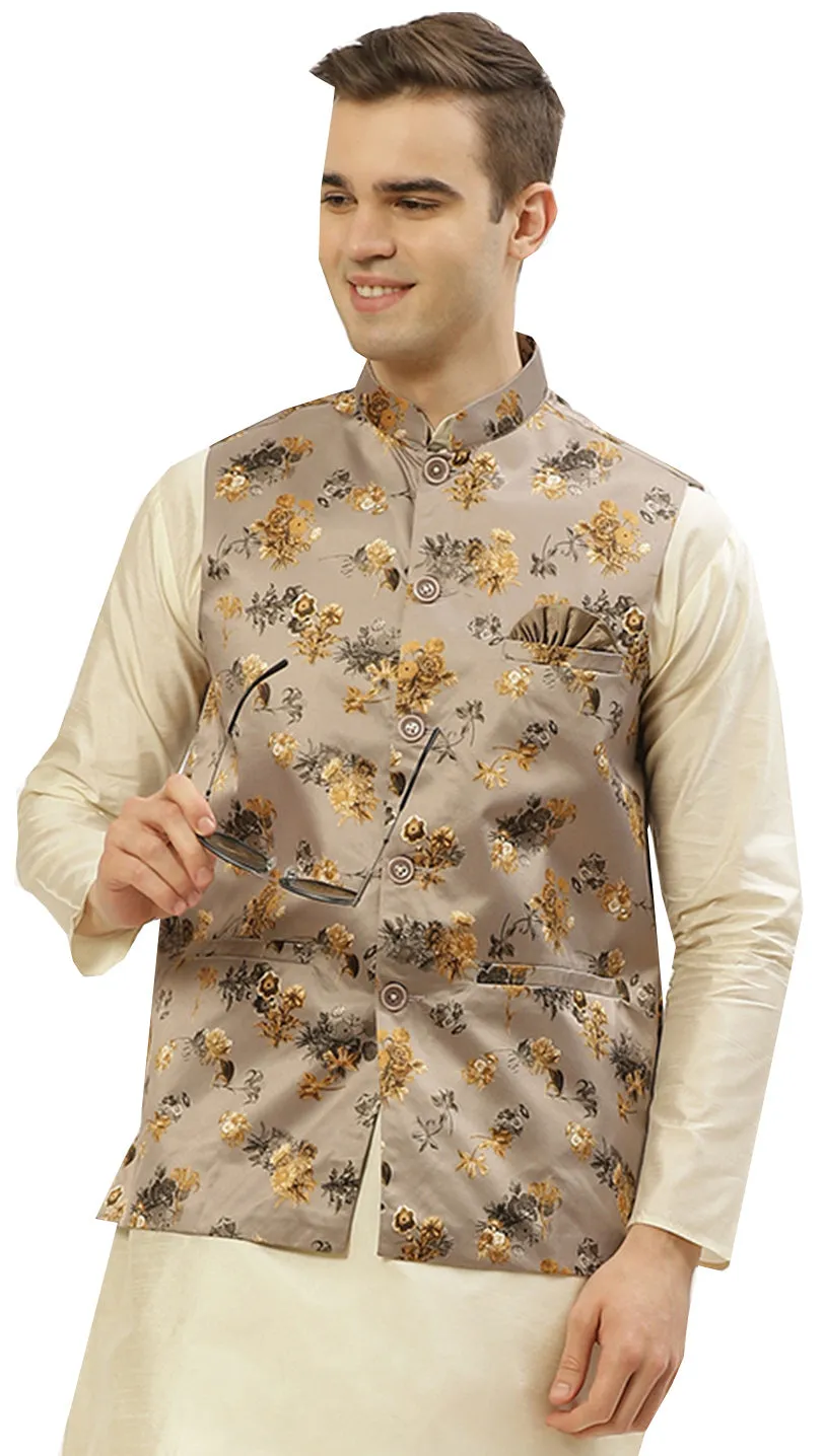 Elegant Floral Nayroo Jacket for Men with Mandarin Collar (Brown-Gold)