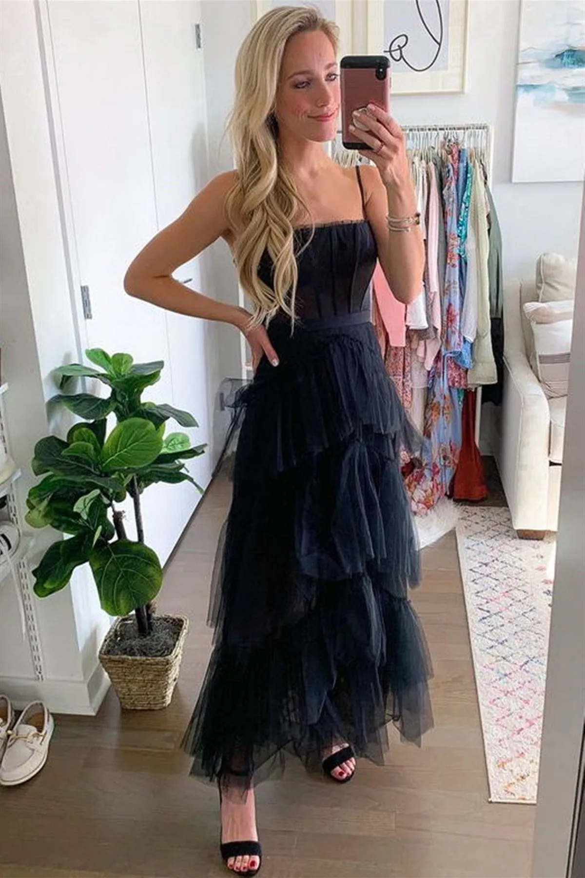 Elegant Open Back Layered Black Tulle Long Prom Dress, Black Tulle Formal Graduation Evening Dress A1593