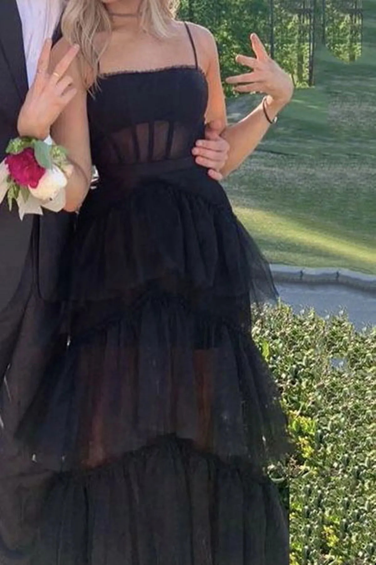 Elegant Open Back Layered Black Tulle Long Prom Dress, Black Tulle Formal Graduation Evening Dress A1593