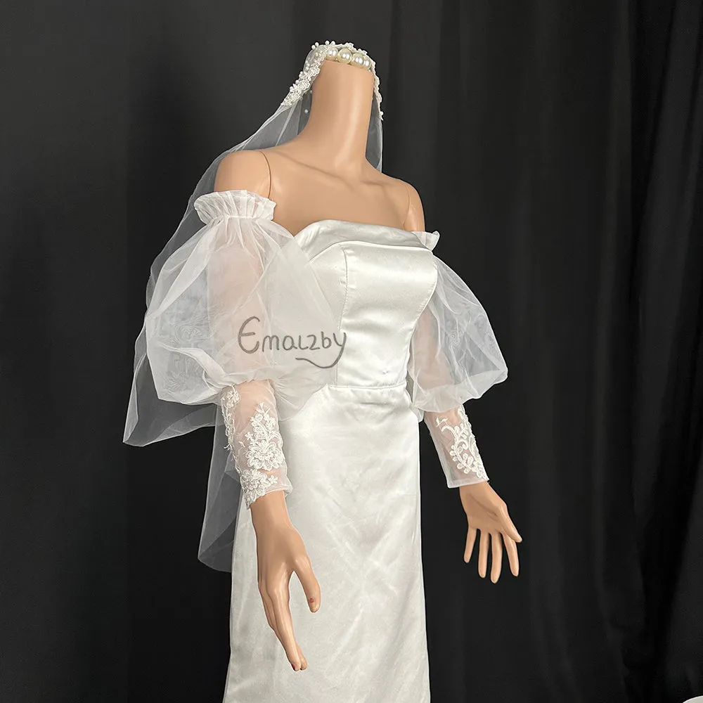 EMALZBY Detachable long puff Lace Wedding Sleeves, Sleeves with puffy top wedding sleeves BYRDSL81