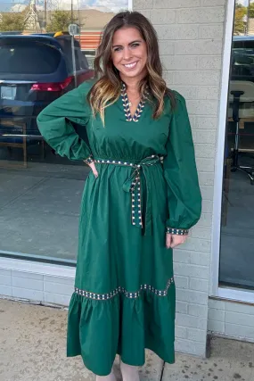 Embroidered Puff Sleeve Midi Dress-Hunter Green