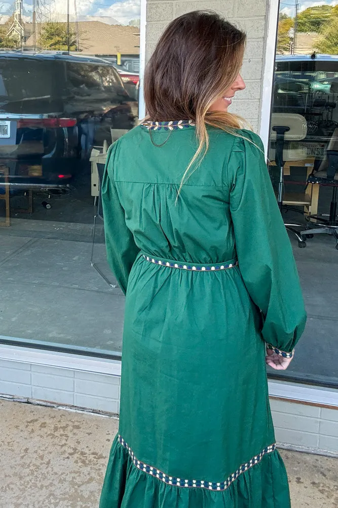 Embroidered Puff Sleeve Midi Dress-Hunter Green